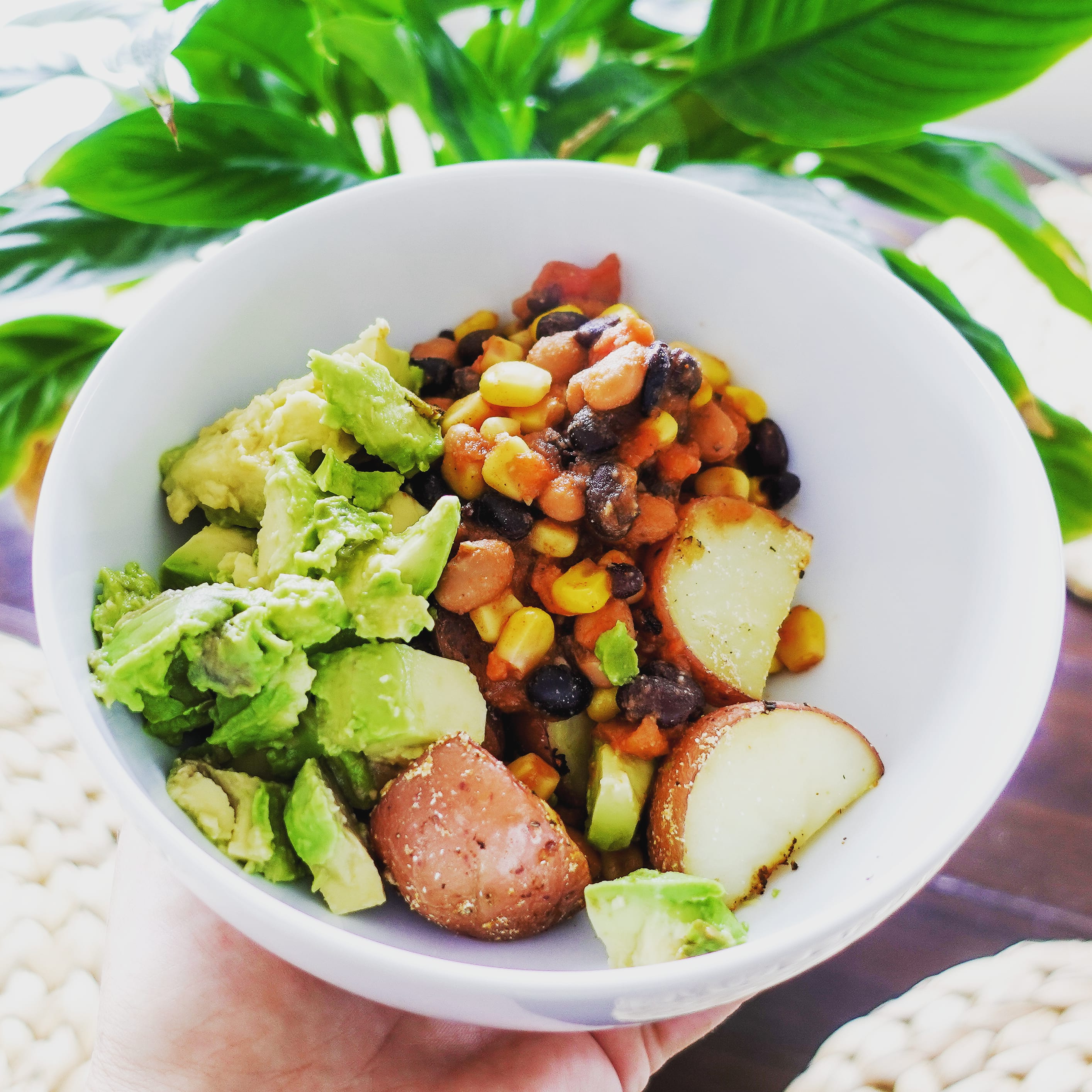 Baked Potato, Mexican Beans topped with Avocado Recipe